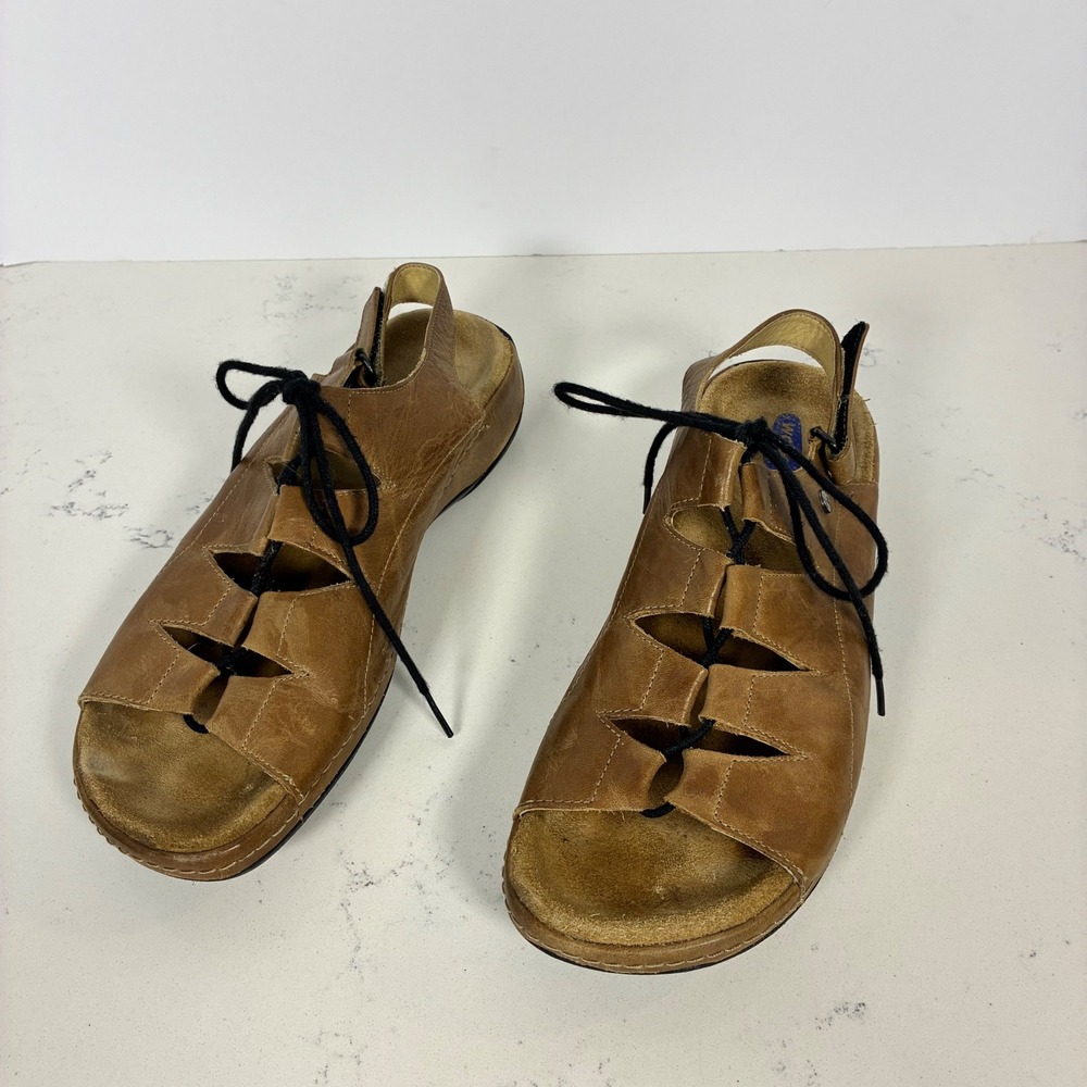 Wolky Sandals 41 Tan Leather Lace Up Slingback Walking Comfort Travel Ergonomic